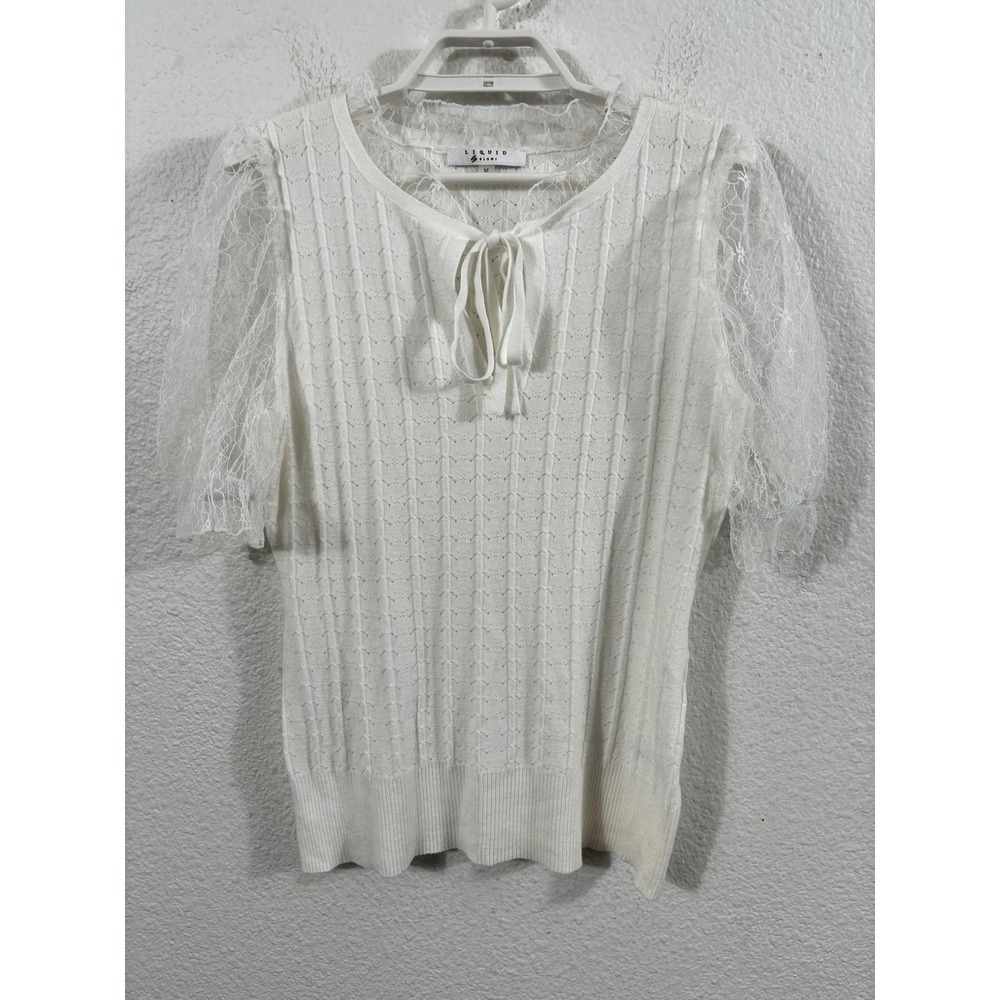 Liquid by Sioni Sweater Womens Medium White Pointelle Lace Puff Sleeve Bow